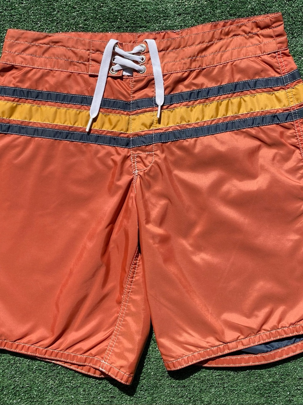 Birdwell Beach 311 South Bay Burnt Orange Navy & Gold Stripe Board Shorts Men 34